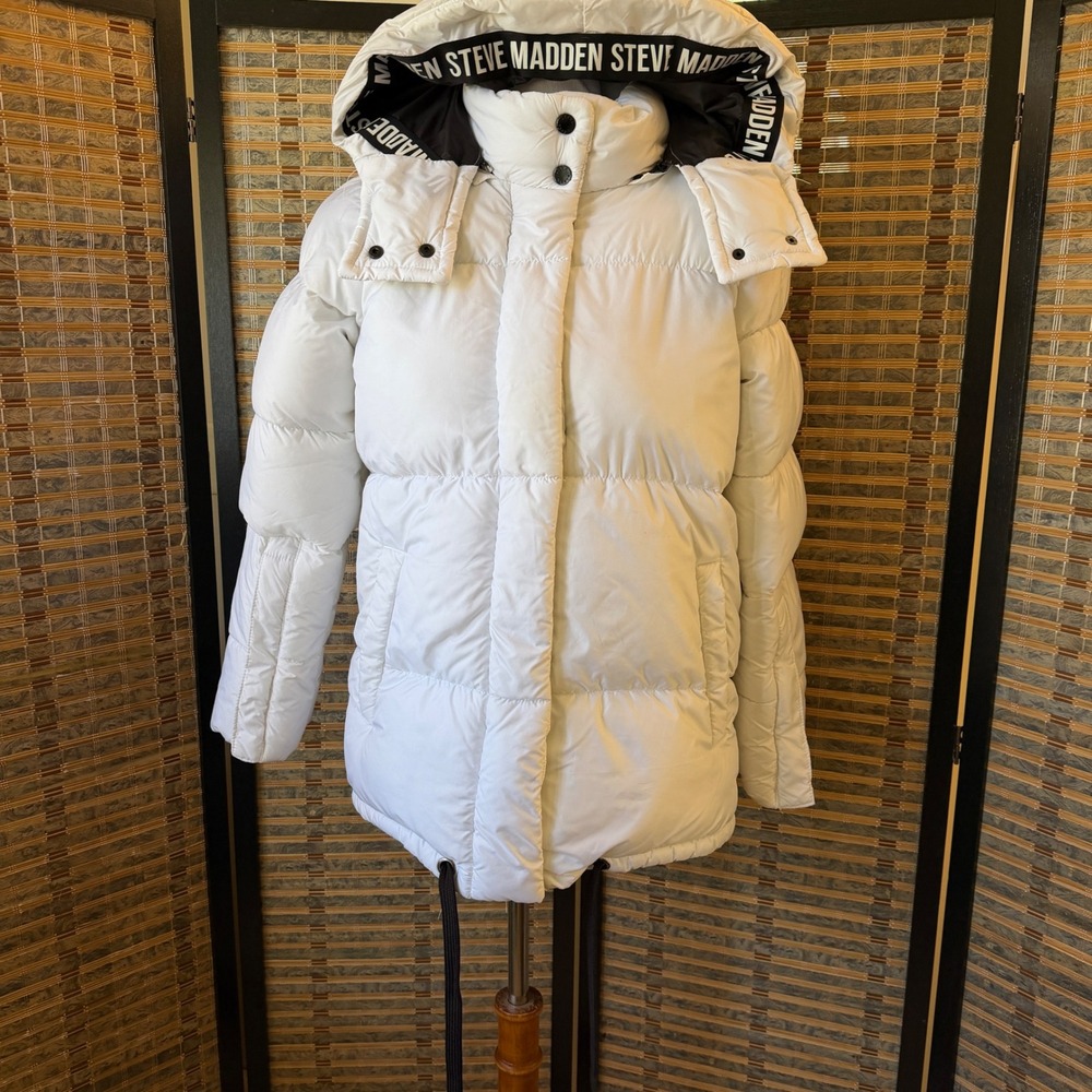 Steve Madden Puffer Jacket Women S White Hooded Logo Trim Winter Coat